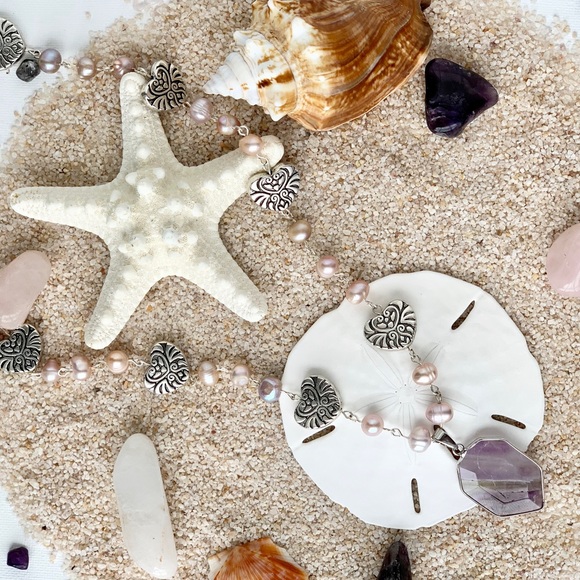 Genuine Pink Pearl & Heart Beaded Necklace with Amethyst Pendant - Picture 1 of 6